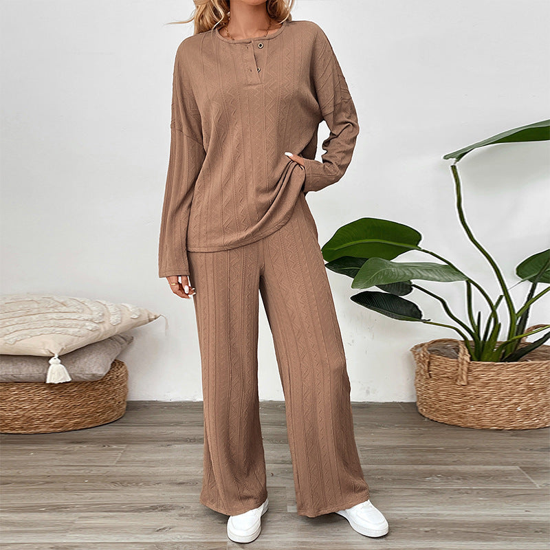 Casual Buckle Texture Fabric Solid Color Wide-leg Pants Suit