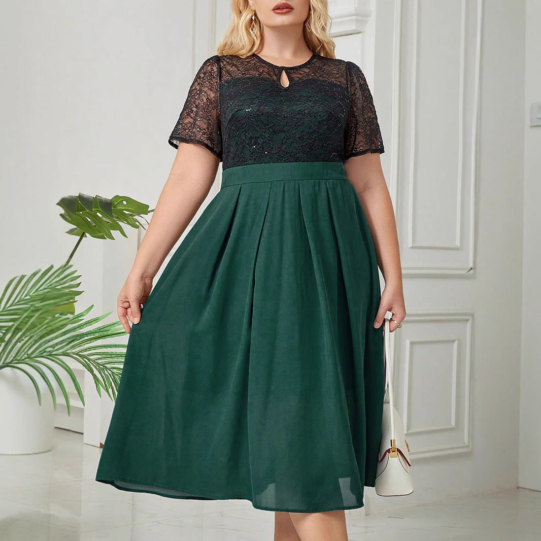 Short Sleeve Lace Stitching Elegant Plus Size Dress