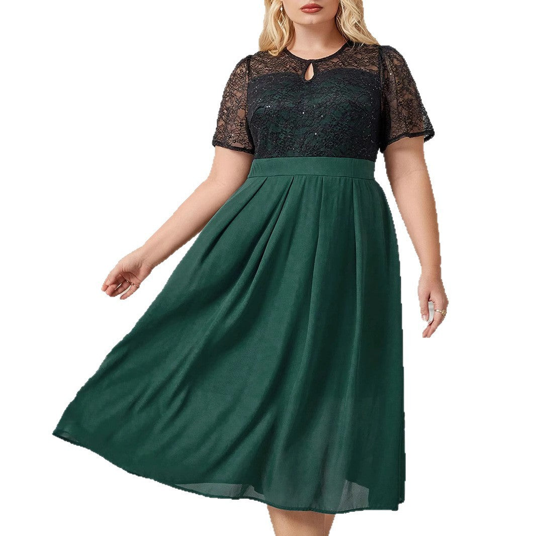 Short Sleeve Lace Stitching Elegant Plus Size Dress