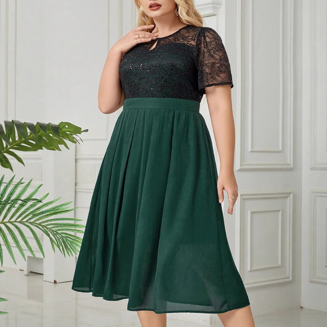 Short Sleeve Lace Stitching Elegant Plus Size Dress