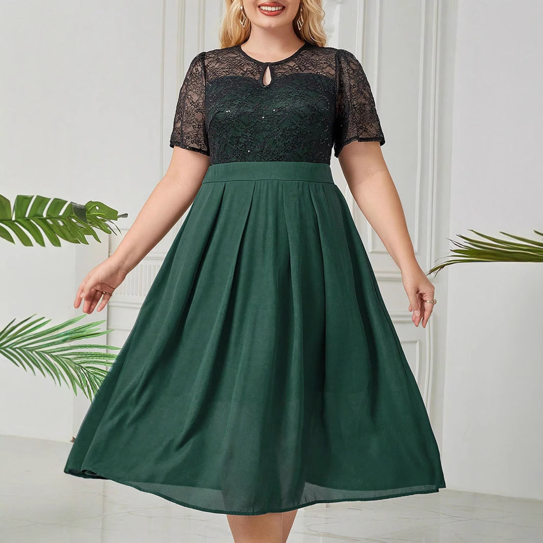 Short Sleeve Lace Stitching Elegant Plus Size Dress