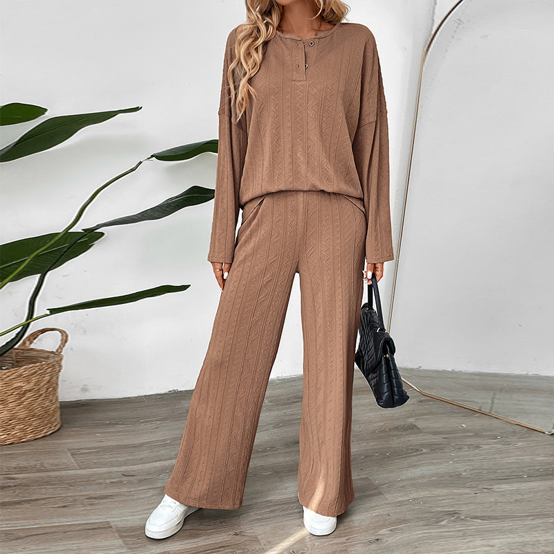 Casual Buckle Texture Fabric Solid Color Wide-leg Pants Suit